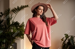 Woman wearing coral t shirt and hat image Product Image 1