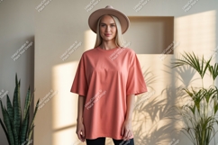 Woman wearing coral t shirt and hat image Product Image 1