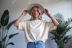 Woman wearing cream t shirt and beige hat image Product Image 1