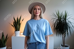 Woman wearing blue t shirt and hat image Product Image 1