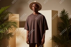 Man wearing brown t-shirt and hat fashion Product Image 1