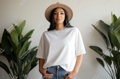 Woman wearing white t shirt and hat Product Image 1