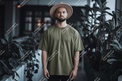 Man wearing olive green t shirt and hat image Product Image 1