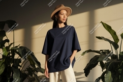 Woman wearing casual outfit with hat navy t-shirt Product Image 1