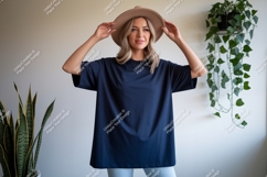 Woman wearing navy t shirt and hat image Product Image 1