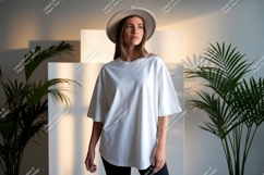 Woman wearing white t-shirt and hat Product Image 1