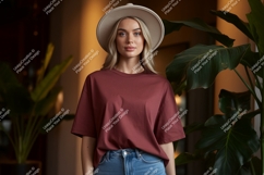 Woman wearing maroon t shirt and hat image Product Image 1