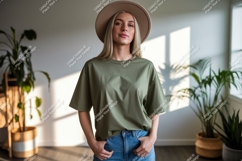 Woman wearing green t shirt and hat Product Image 1