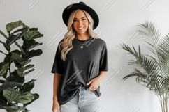 Woman wearing dark grey t shirt mockup Product Image 1