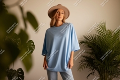 Woman wearing light blue oversized t shirt mockup t-shirt Product Image 1