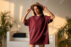Woman wearing maroon t shirt and hat image Product Image 1