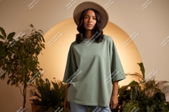 Woman wearing oversized green t shirt and hat image Product Image 1
