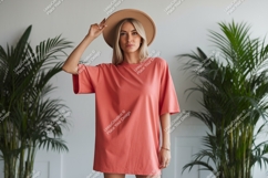 Woman wearing coral t shirt and hat image Product Image 1