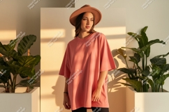 Woman wearing oversized coral t-shirt and hat plants Product Image 1