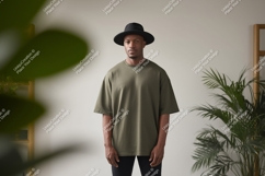 Man wearing olive green t shirt and black hat image Product Image 1