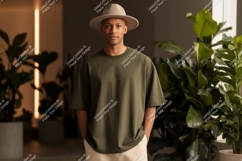 Man wearing olive green t shirt and hat image Product Image 1