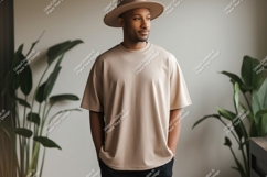 Man wearing beige t-shirt and hat mockup Product Image 1