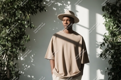 Man wearing beige t shirt and hat image Product Image 1