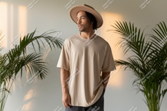 Man wearing beige t shirt and hat image Product Image 1