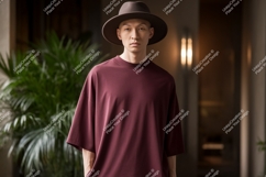 Man wearing maroon t shirt and brown hat image Product Image 1