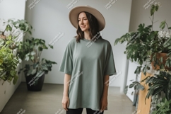 Woman wearing oversized green t-shirt and hat Product Image 1