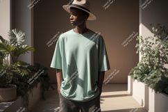 Man wearing mint green t shirt and hat image Product Image 1