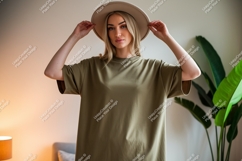 Woman wearing olive green t shirt and beige hat image Product Image 1