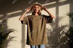 Woman wearing olive green t-shirt and hat image Product Image 1