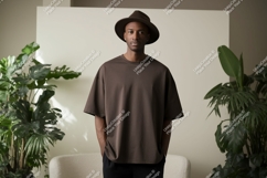 Man Wearing Brown T Shirt and Hat image Product Image 1