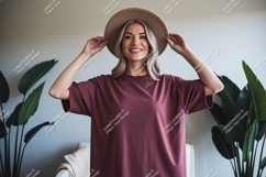 Blonde Woman Wearing Maroon T Shirt and Tan H Product Image 1