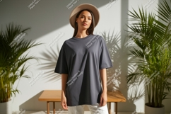 Woman wearing grey t shirt and hat image Product Image 1