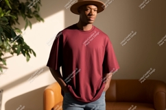 Man wearing maroon t shirt and hat image Product Image 1