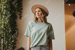Woman wearing light green t-shirt and beige hat image Product Image 1