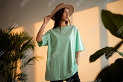 Woman wearing mint green t shirt and hat image Product Image 1