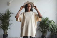 Woman wearing cream t shirt and hat image Product Image 1