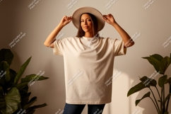 Woman wearing plain cream t shirt and hat image Product Image 1