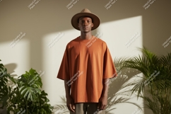 Man wearing terracotta t shirt and hat image Product Image 1
