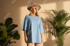 Woman wearing blue t-shirt and hat plants Product Image 1