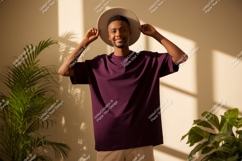 Man wearing plum t shirt and hat image Product Image 1