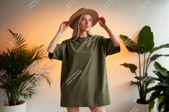 Woman wearing olive green dress and hat image Product Image 1