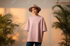 Woman wearing pink t shirt and hat image Product Image 1