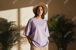 Woman wearing lavender t-shirt and hat plants Product Image 1