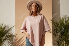 Woman wearing pink t shirt and hat image Product Image 1