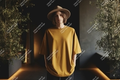 Person wearing mustard t shirt and hat image Product Image 1