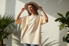 Woman wearing cream t shirt and hat image Product Image 1