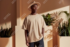 Man wearing tan t shirt and hat image Product Image 1
