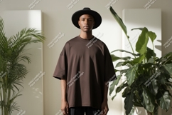 Man wearing brown t shirt and black hat t-shirt Product Image 1
