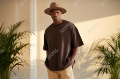 Man wearing brown t shirt and hat image Product Image 1
