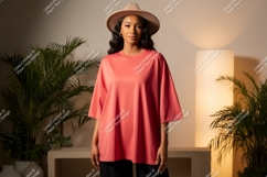 Coral Oversized TShirt Mockup With Hat Product Image 1