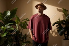 Man wearing maroon t shirt and hat image Product Image 1